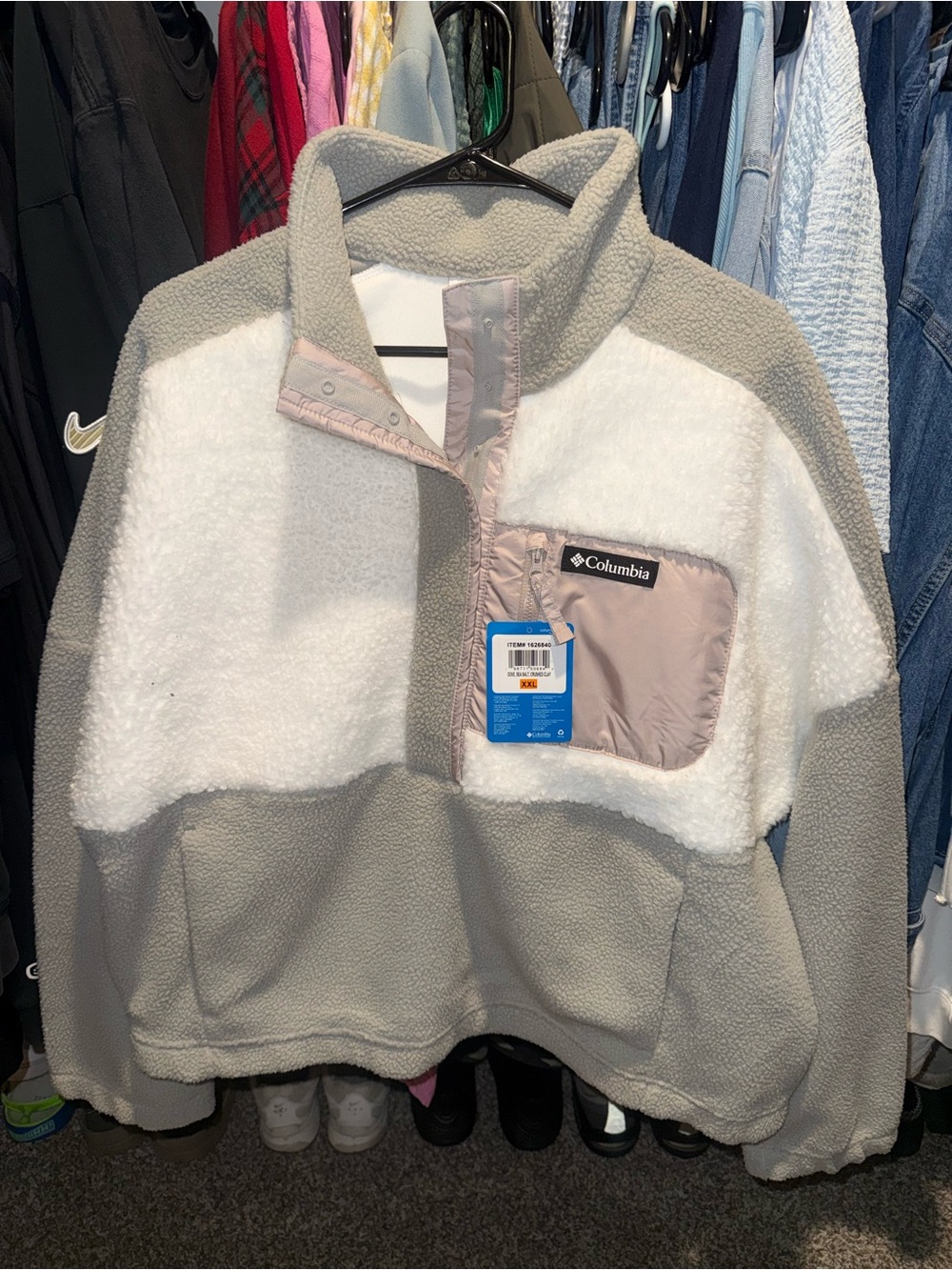 Columbia Sherpa Pullover Jacket in Gray, White & Pink